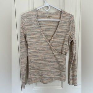 Madewell small Space Dye Faux Wrap Knit Top. Soft, gray, cream, pastel
